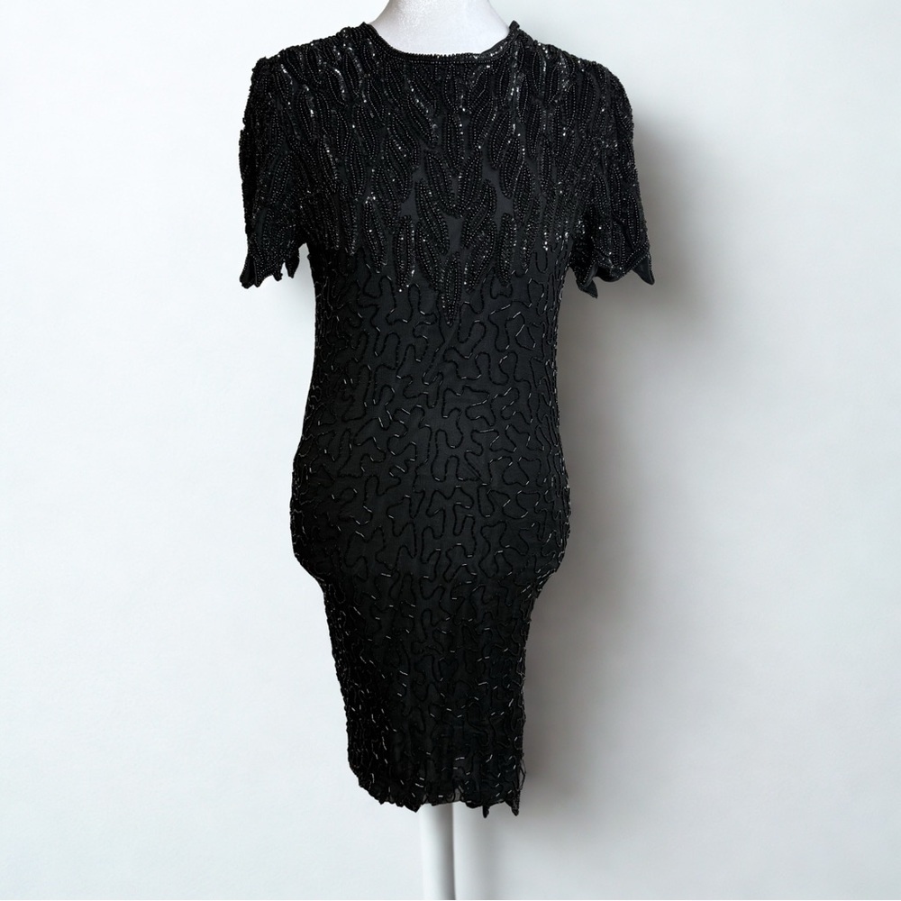 Laurence Kazar Black Beaded Midi Dress